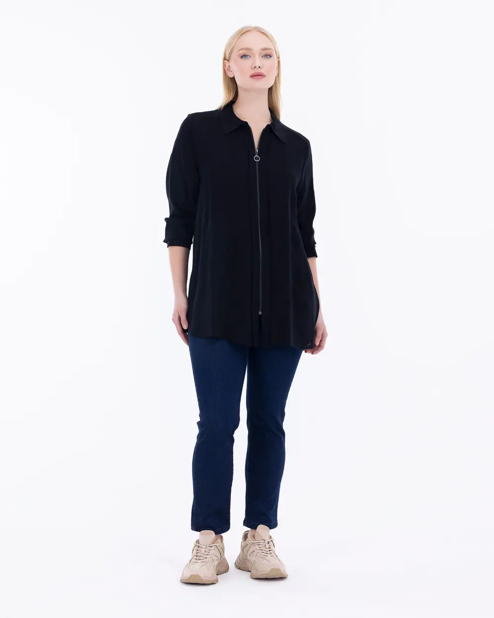 Büyük Beden Önden Fermuarlı Gömlek