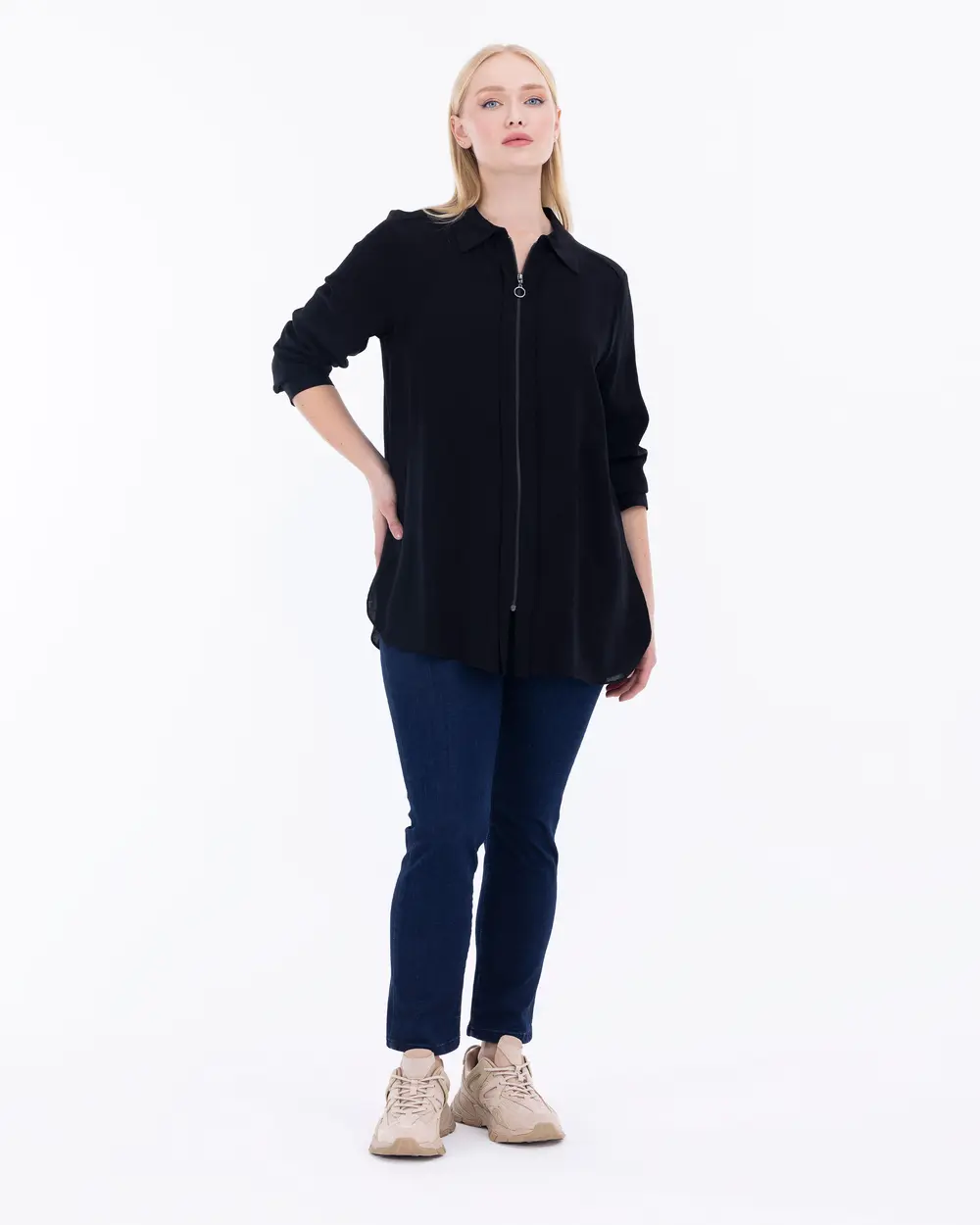 Büyük Beden Önden Fermuarlı Gömlek