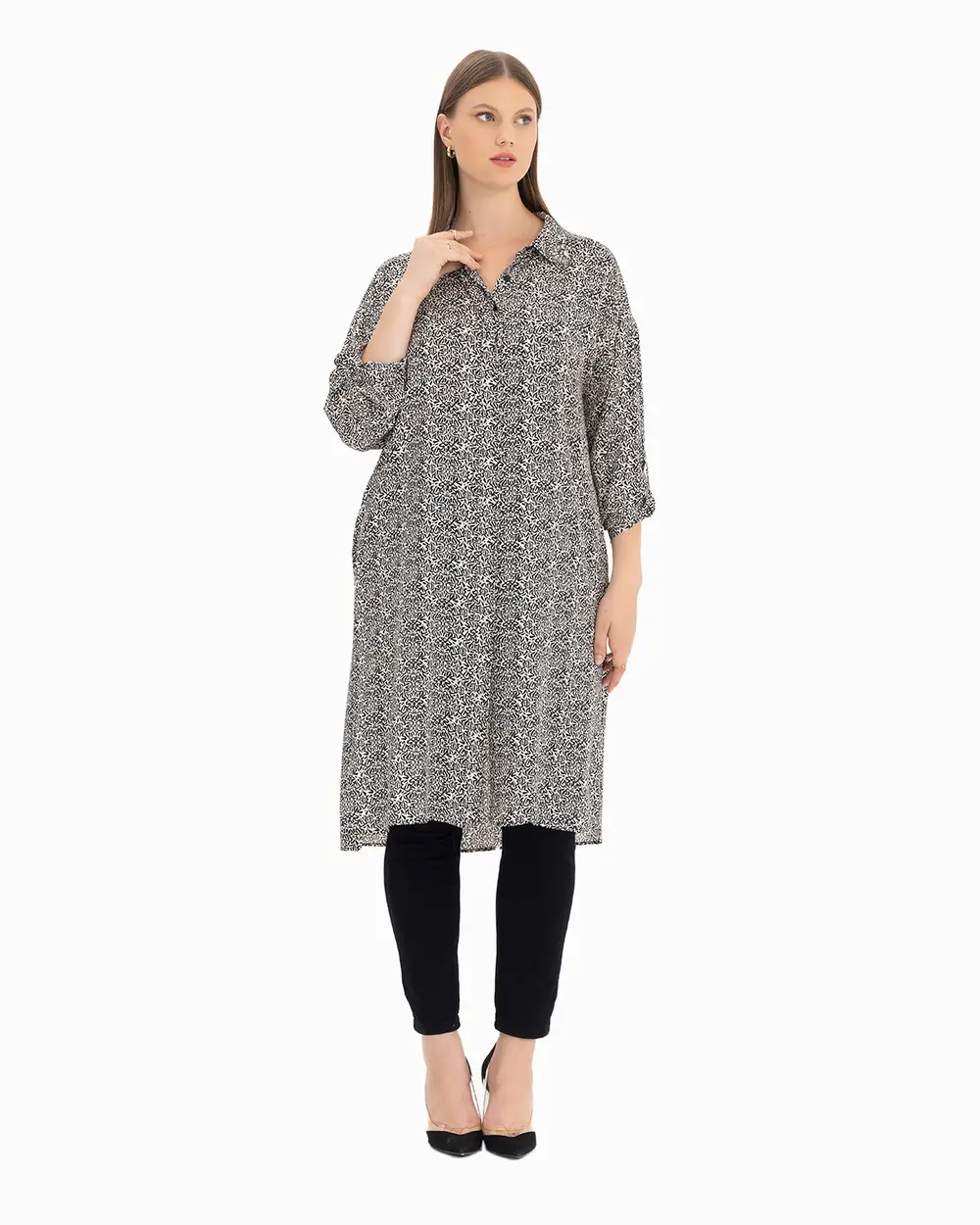 Büyük Beden Taş İşlemeli Desenli Tunik