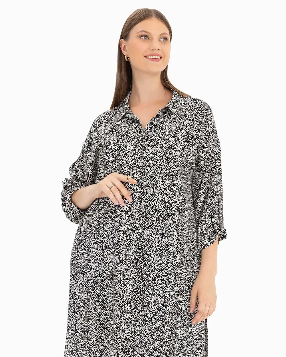 Büyük Beden Taş İşlemeli Desenli Tunik