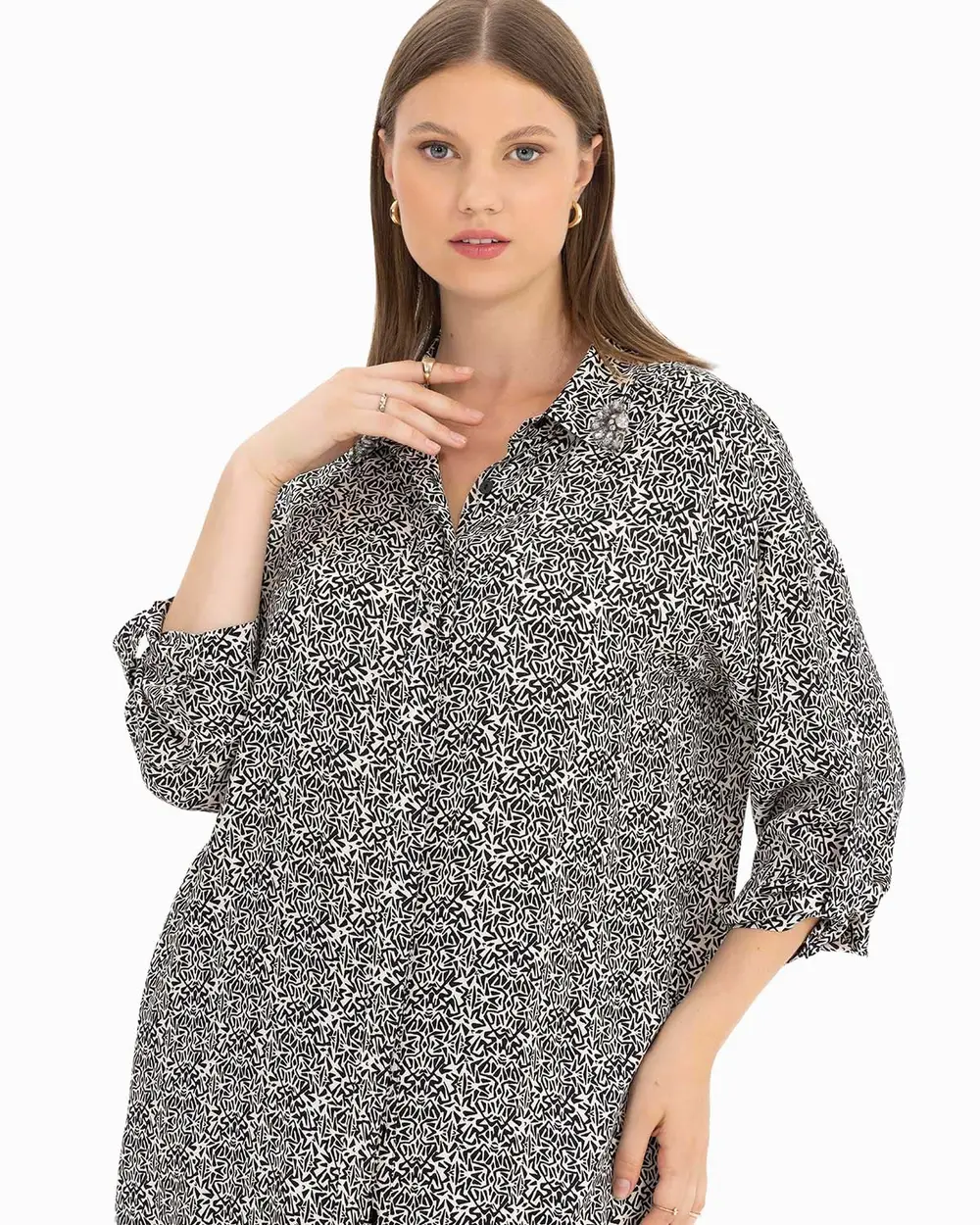 Büyük Beden Taş İşlemeli Desenli Tunik