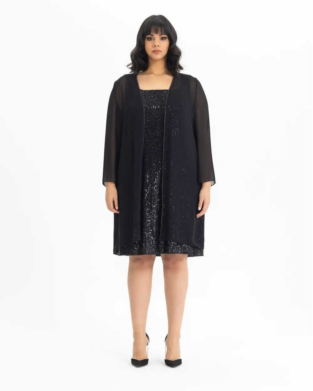 Büyük Beden Payetli Şifon Elbise Takım