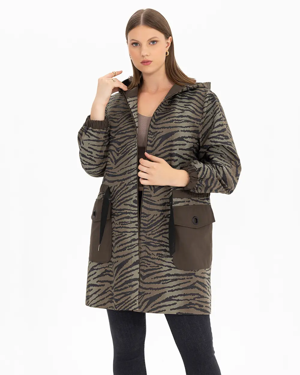Plus Size Zebra Patterned Hooded Trench Coat