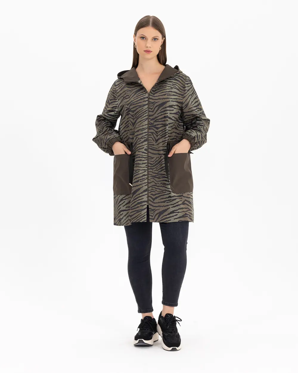 Büyük Beden Zebra Desenli Kapüşonlu Trençkot