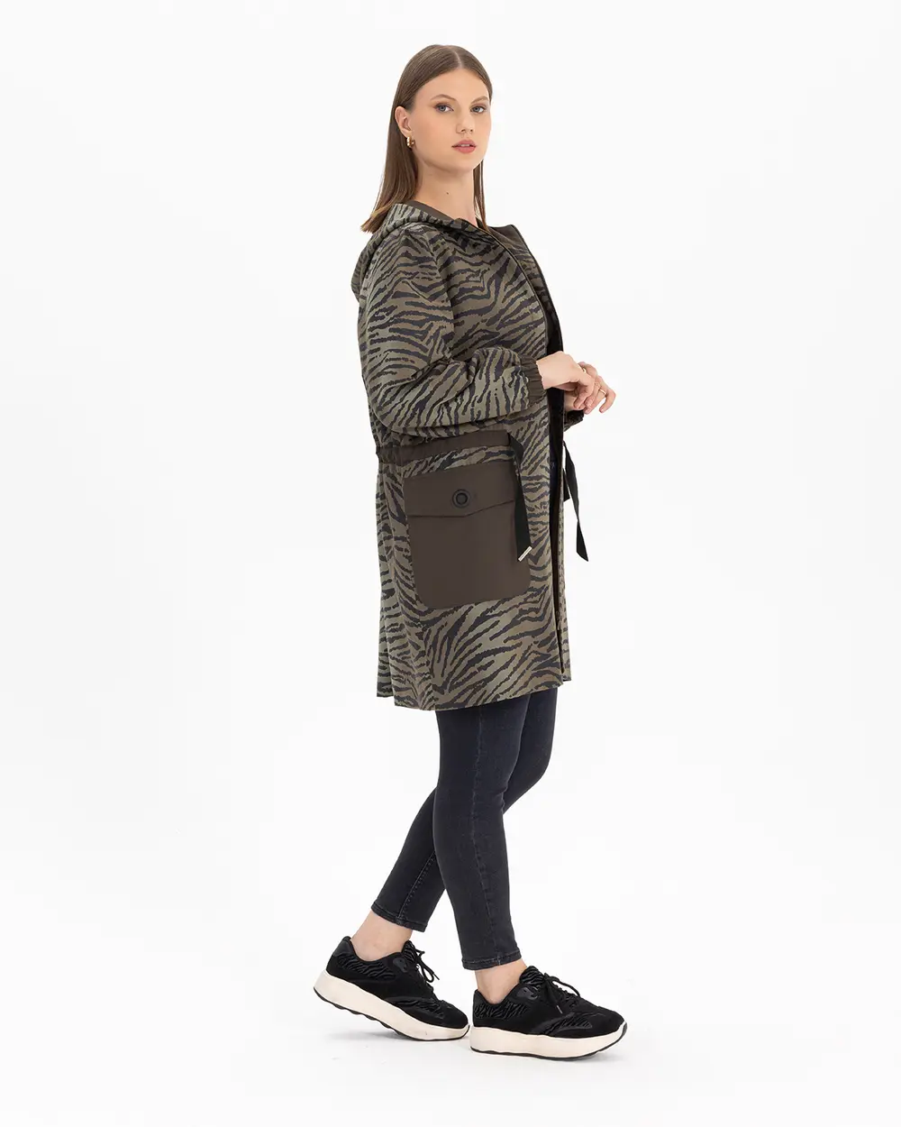 Büyük Beden Zebra Desenli Kapüşonlu Trençkot