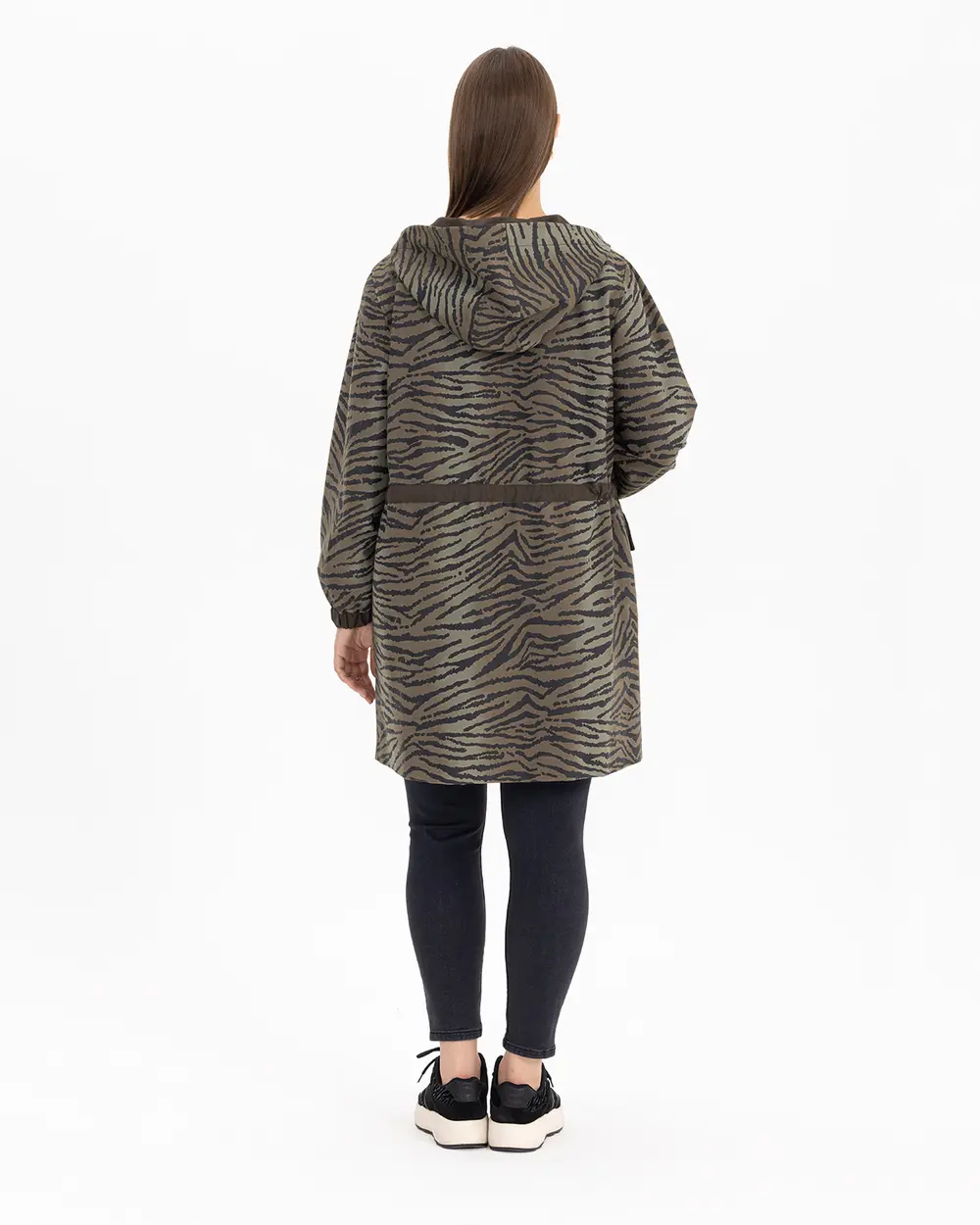 Büyük Beden Zebra Desenli Kapüşonlu Trençkot