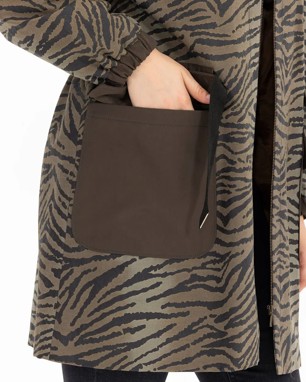 Büyük Beden Zebra Desenli Kapüşonlu Trençkot