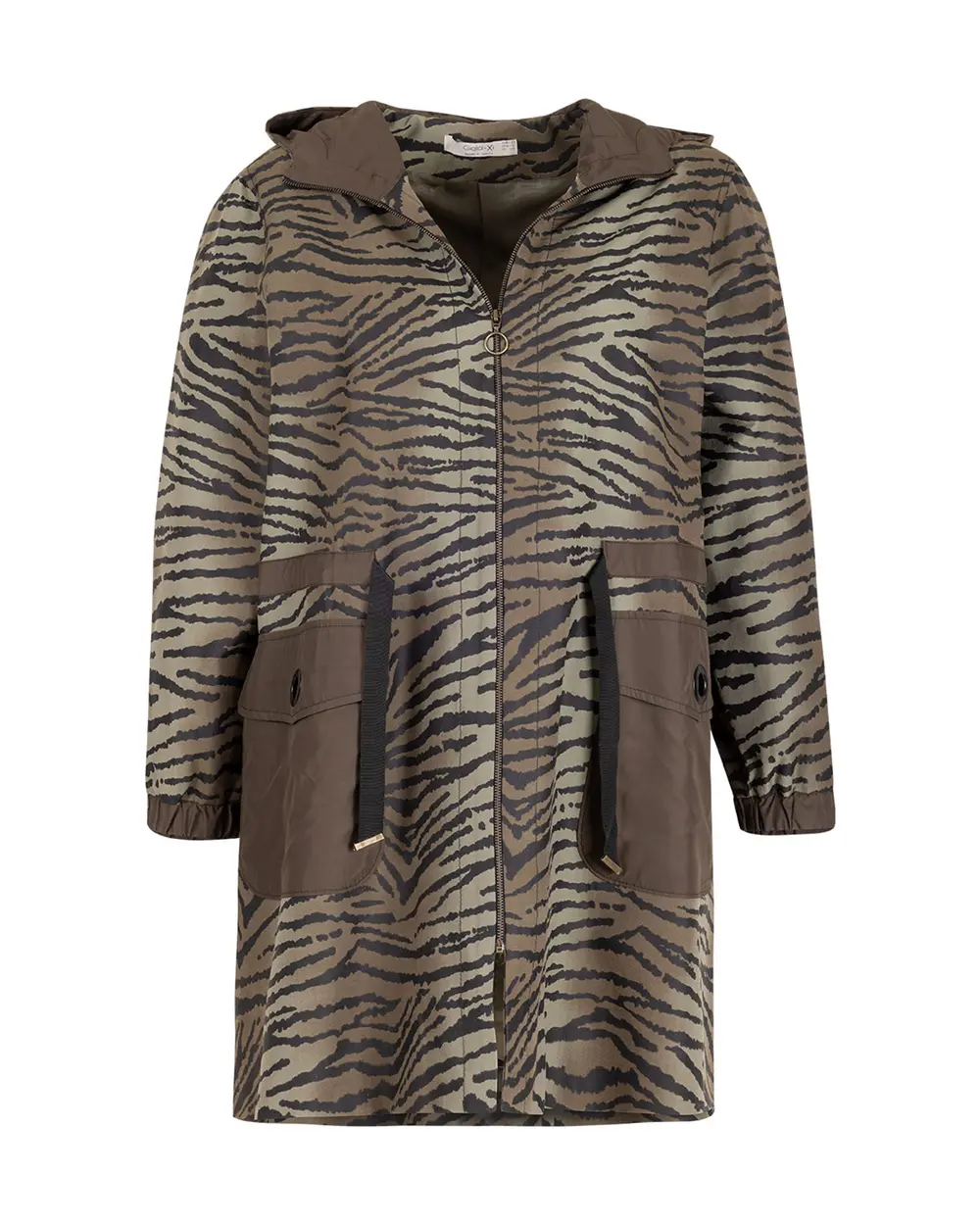 Büyük Beden Zebra Desenli Kapüşonlu Trençkot