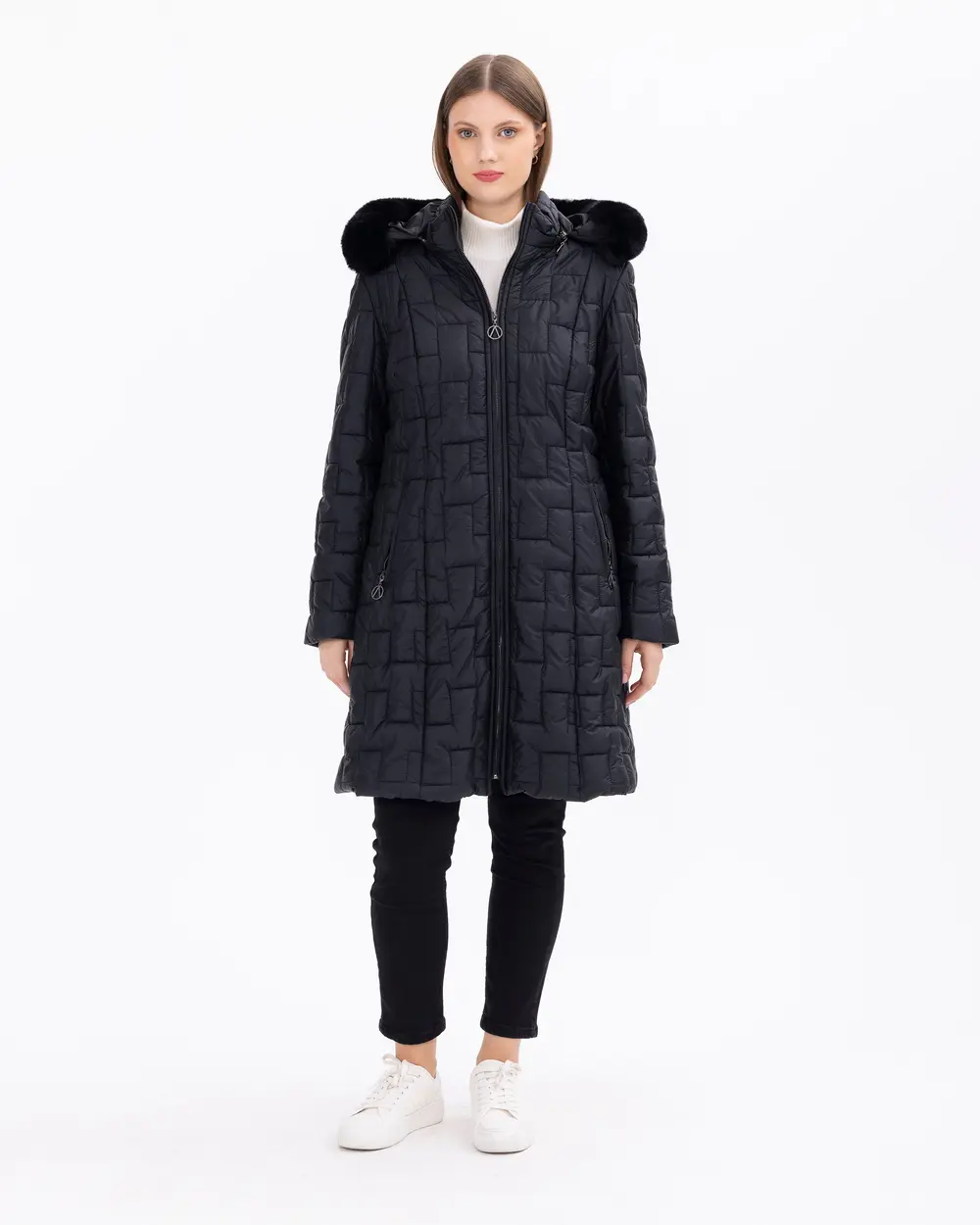 Büyük Beden Kapüşonlu Fermuarlı Şişme Kaban