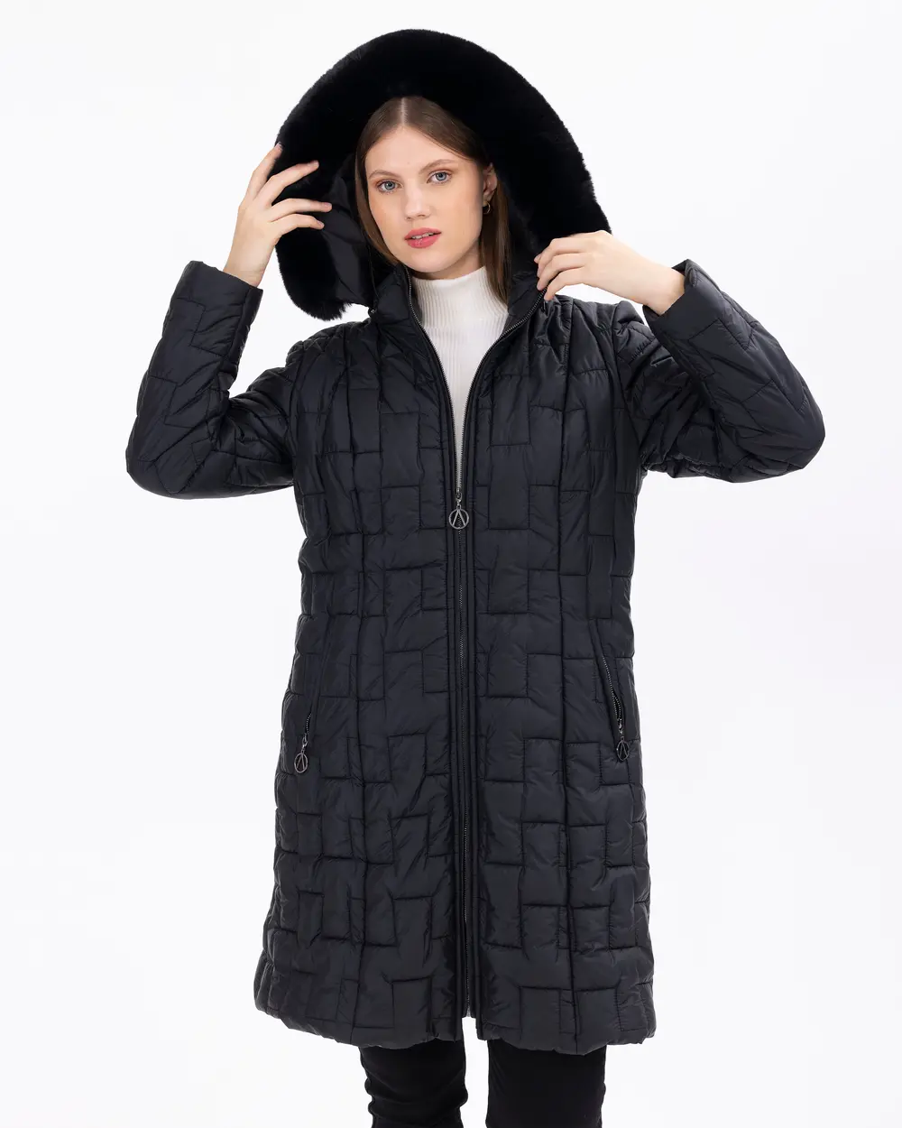 Büyük Beden Kapüşonlu Fermuarlı Şişme Kaban