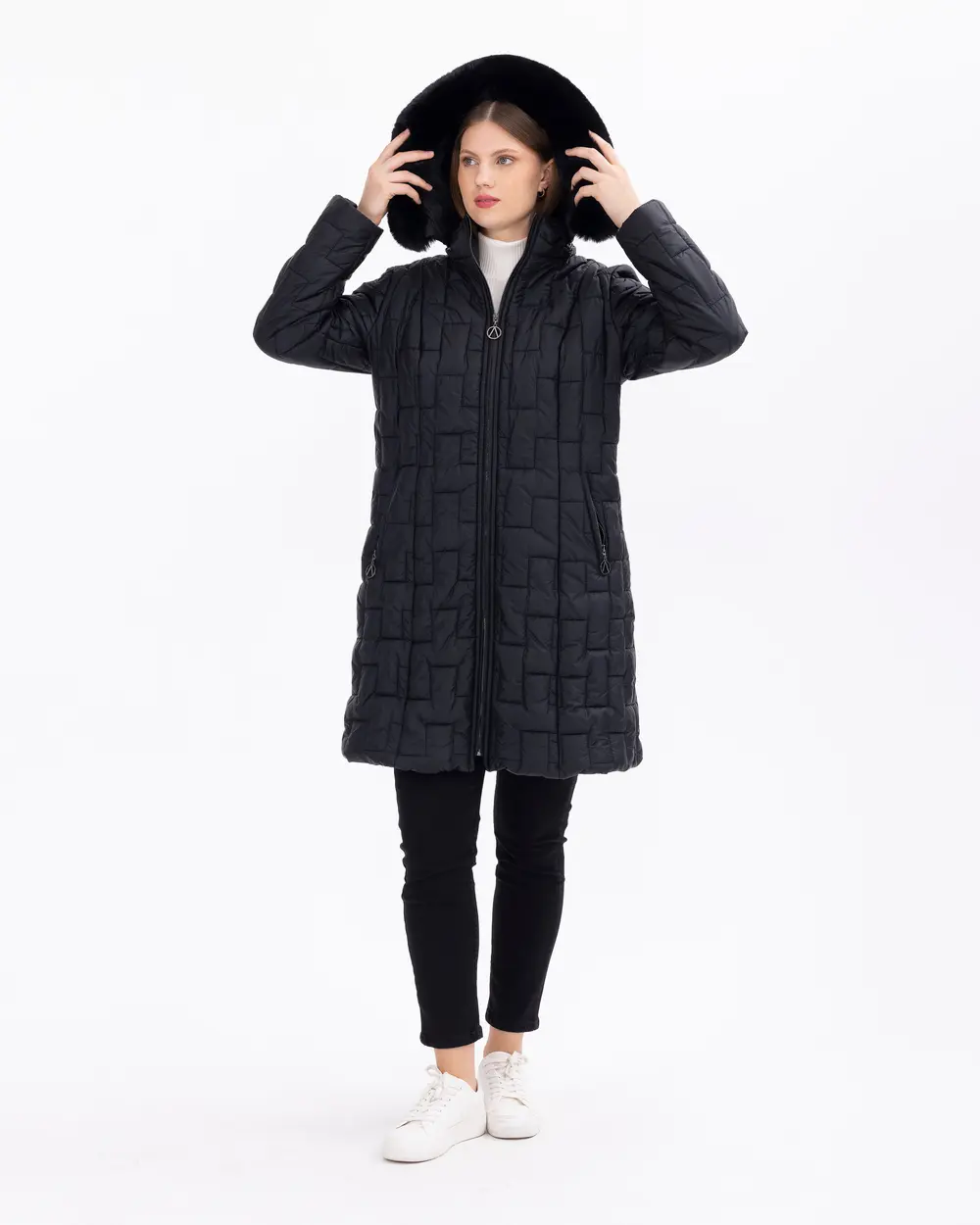 Büyük Beden Kapüşonlu Fermuarlı Şişme Kaban