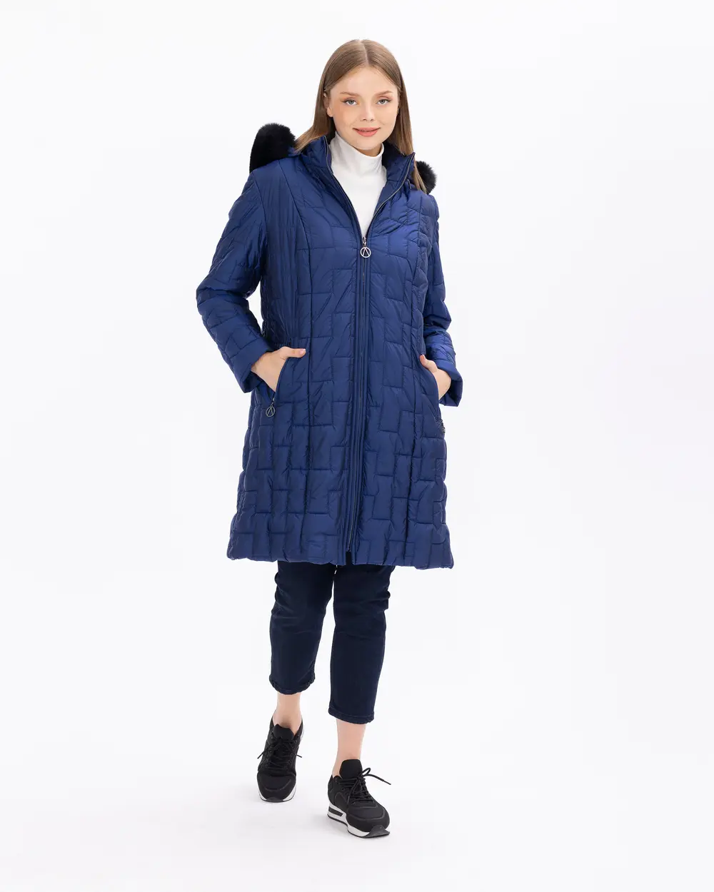 Büyük Beden Kapüşonlu Fermuarlı Şişme Kaban