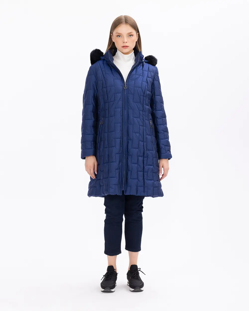 Büyük Beden Kapüşonlu Fermuarlı Şişme Kaban