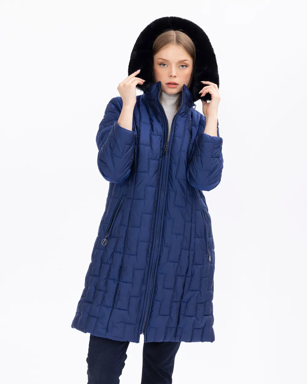 Büyük Beden Kapüşonlu Fermuarlı Şişme Kaban