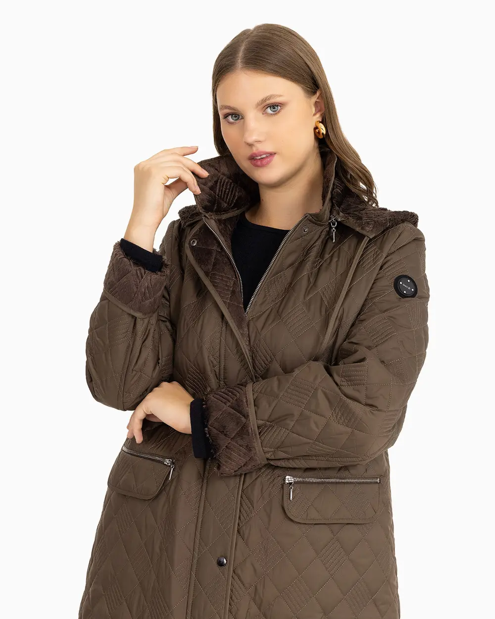  Plus Size Pocket Detailed Quilted Coat