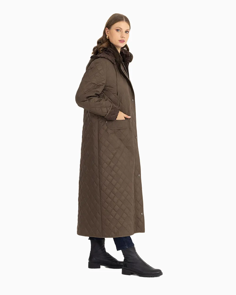  Plus Size Pocket Detailed Quilted Coat