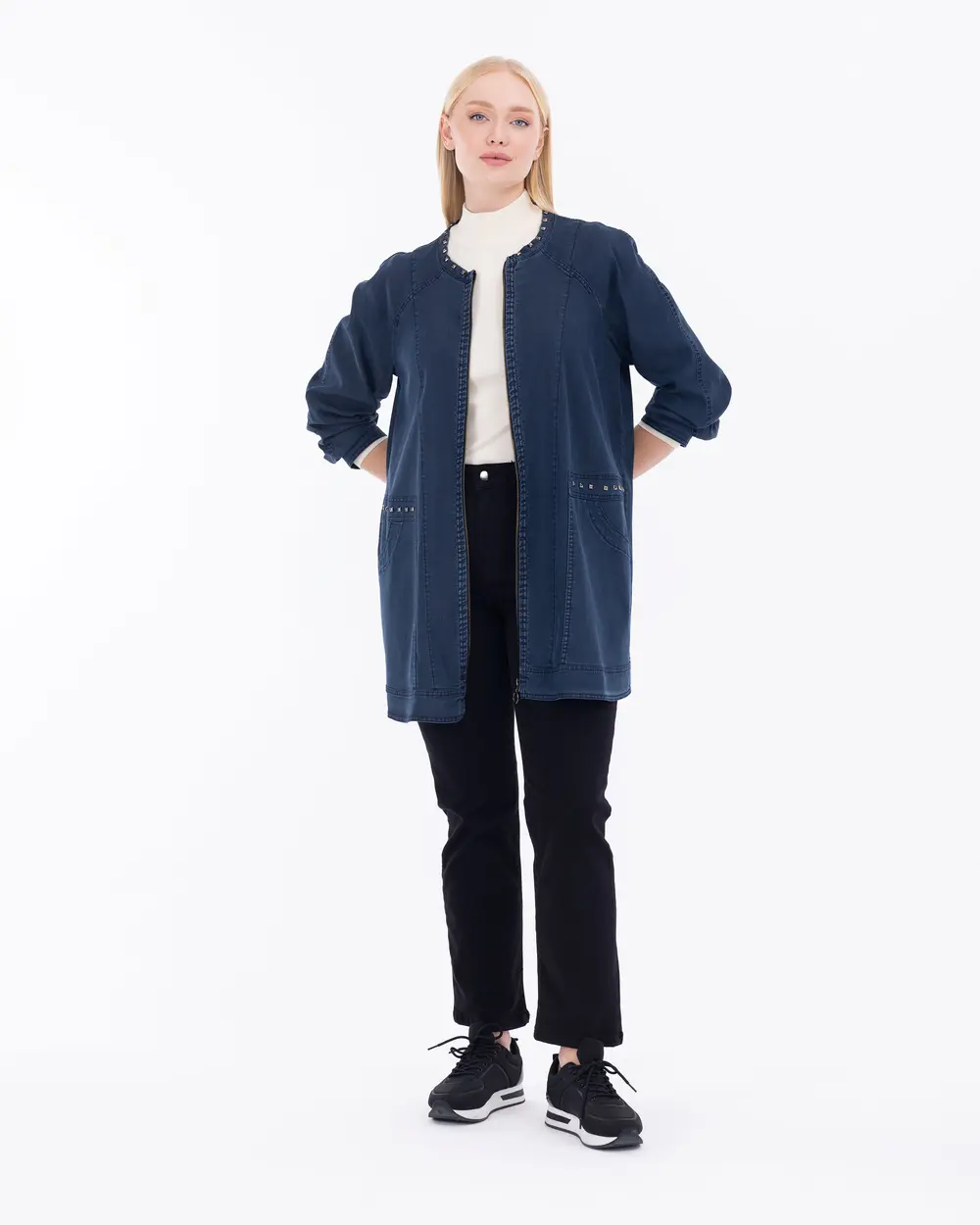 Büyük Beden Boncuk İşlemeli Jean Ceket