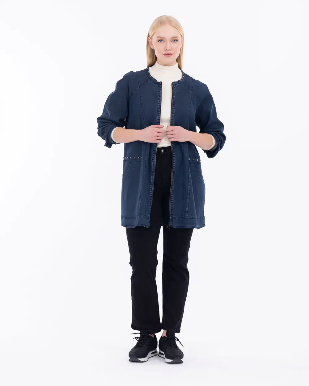 Büyük Beden Boncuk İşlemeli Jean Ceket