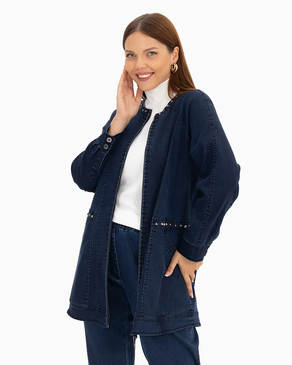 Büyük Beden Boncuk İşlemeli Jean Ceket