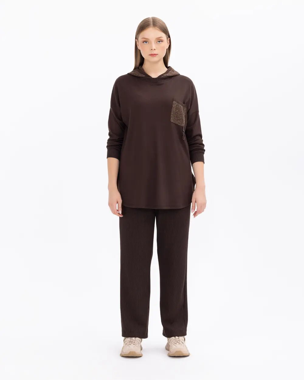 Büyük Beden File Detaylı Kapüşonlu Sweatshirt