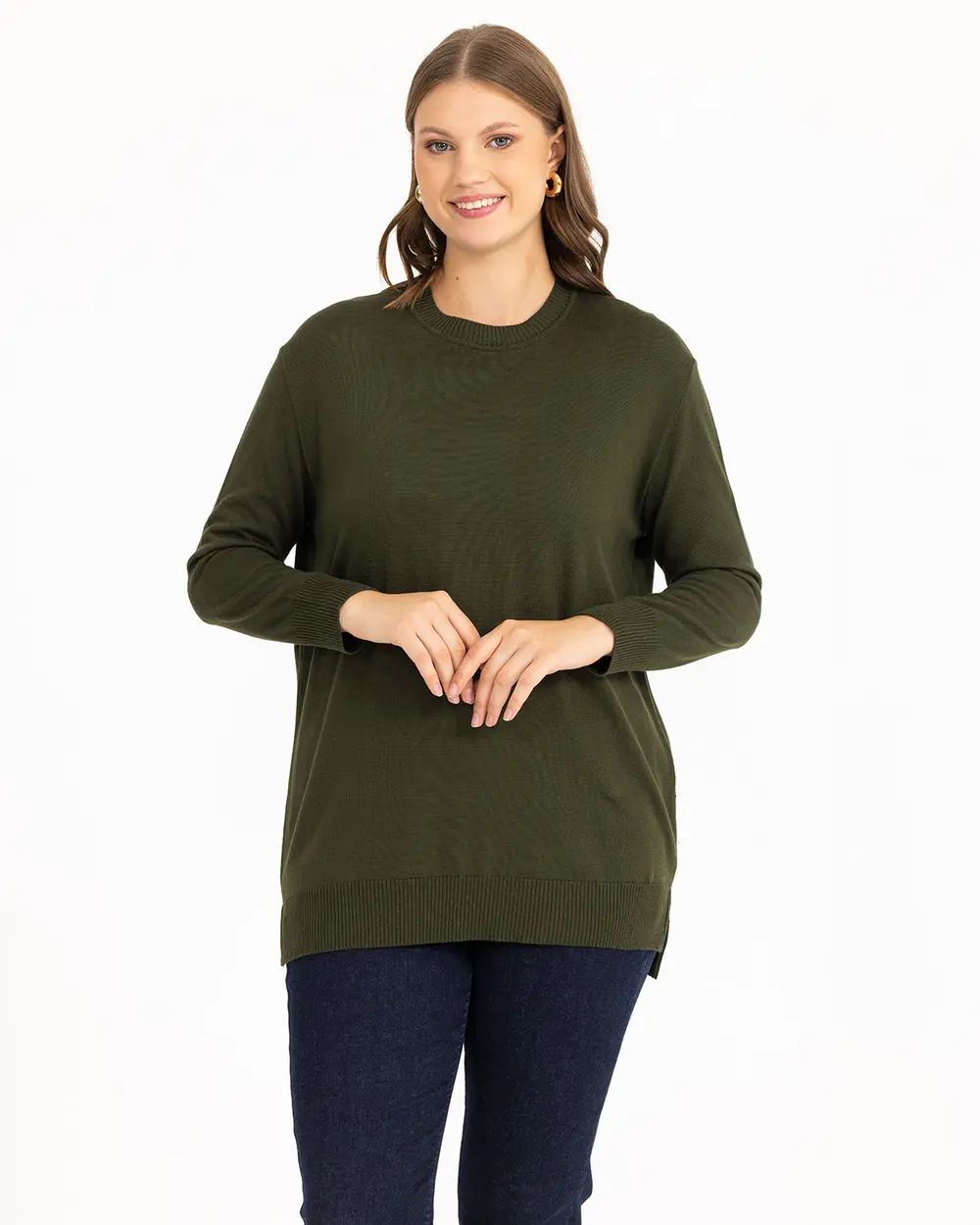 Büyük Beden Yuvarlak Yakalı Basic Triko Bluz