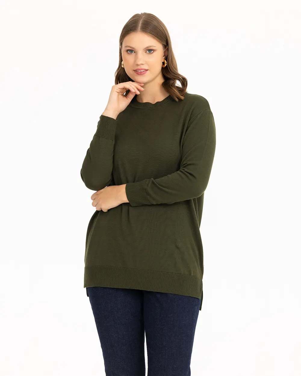 Büyük Beden Yuvarlak Yakalı Basic Triko Bluz