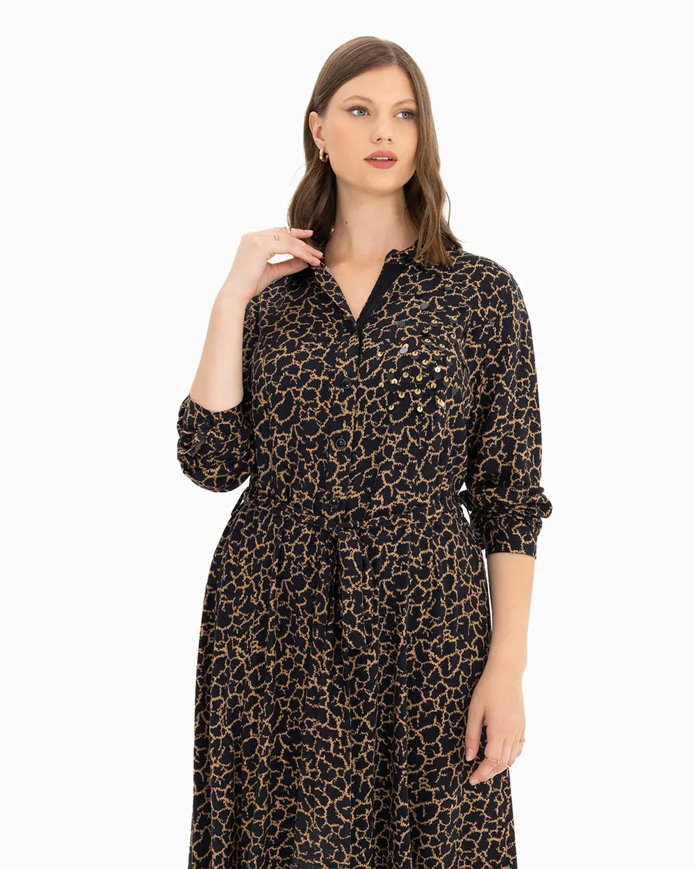 Büyük Beden Desenli Önden Düğmeli Elbise