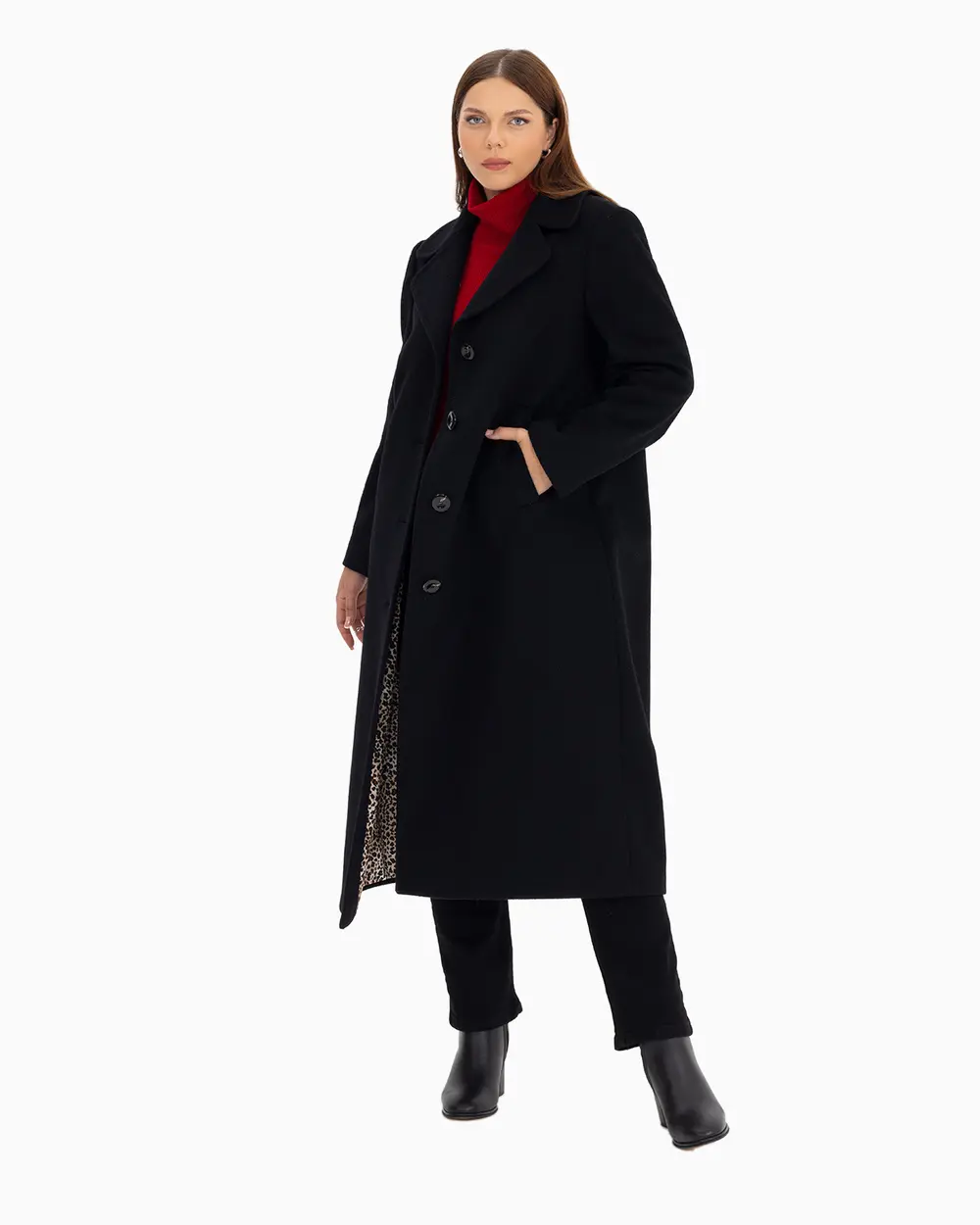 Büyük Beden Astarı Desenli Midi Boy Kaban