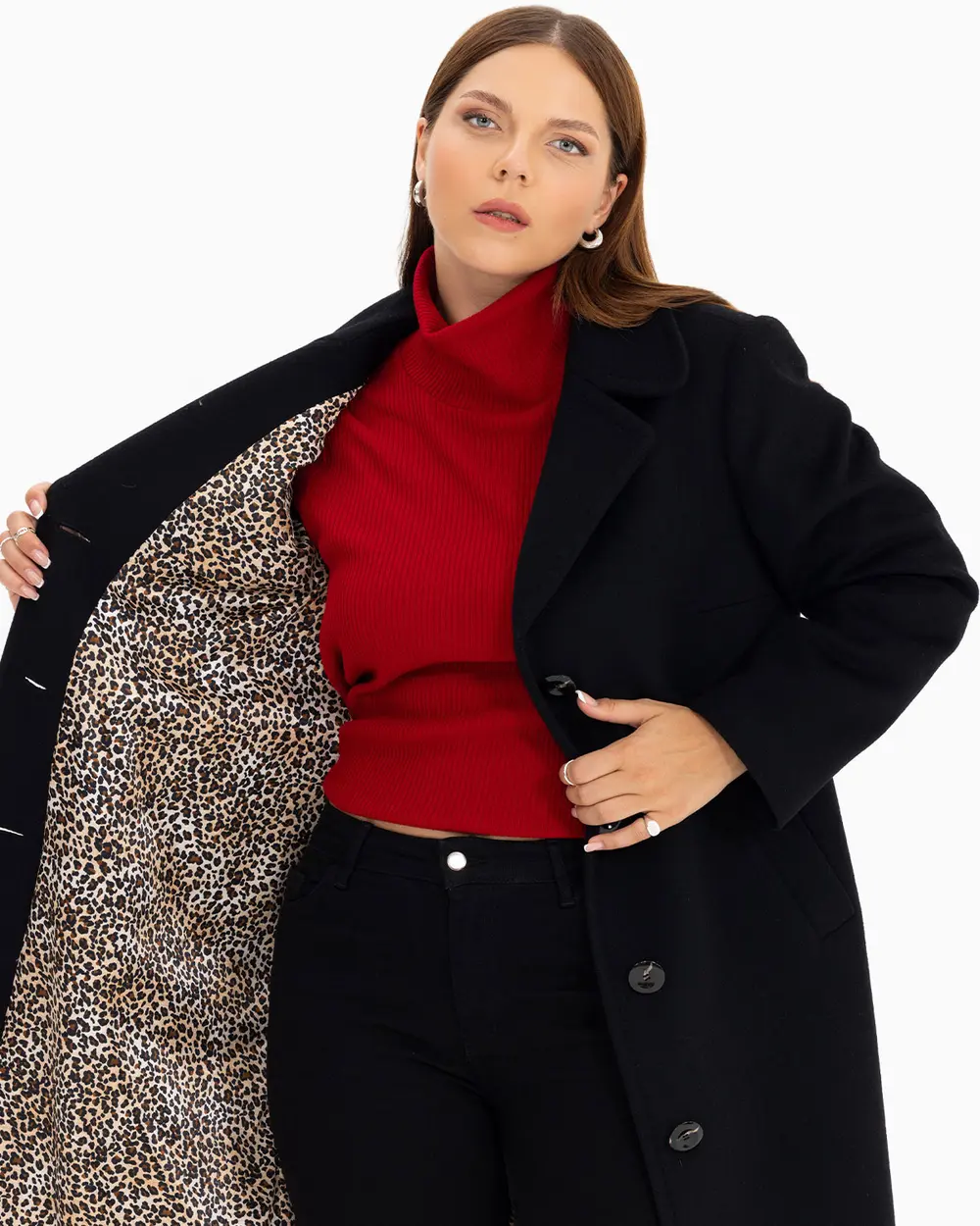 Büyük Beden Astarı Desenli Midi Boy Kaban