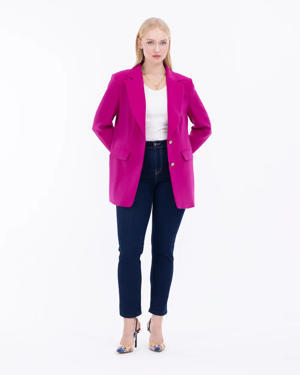 Plus Size Button Detailed Lined Blazer Jacket