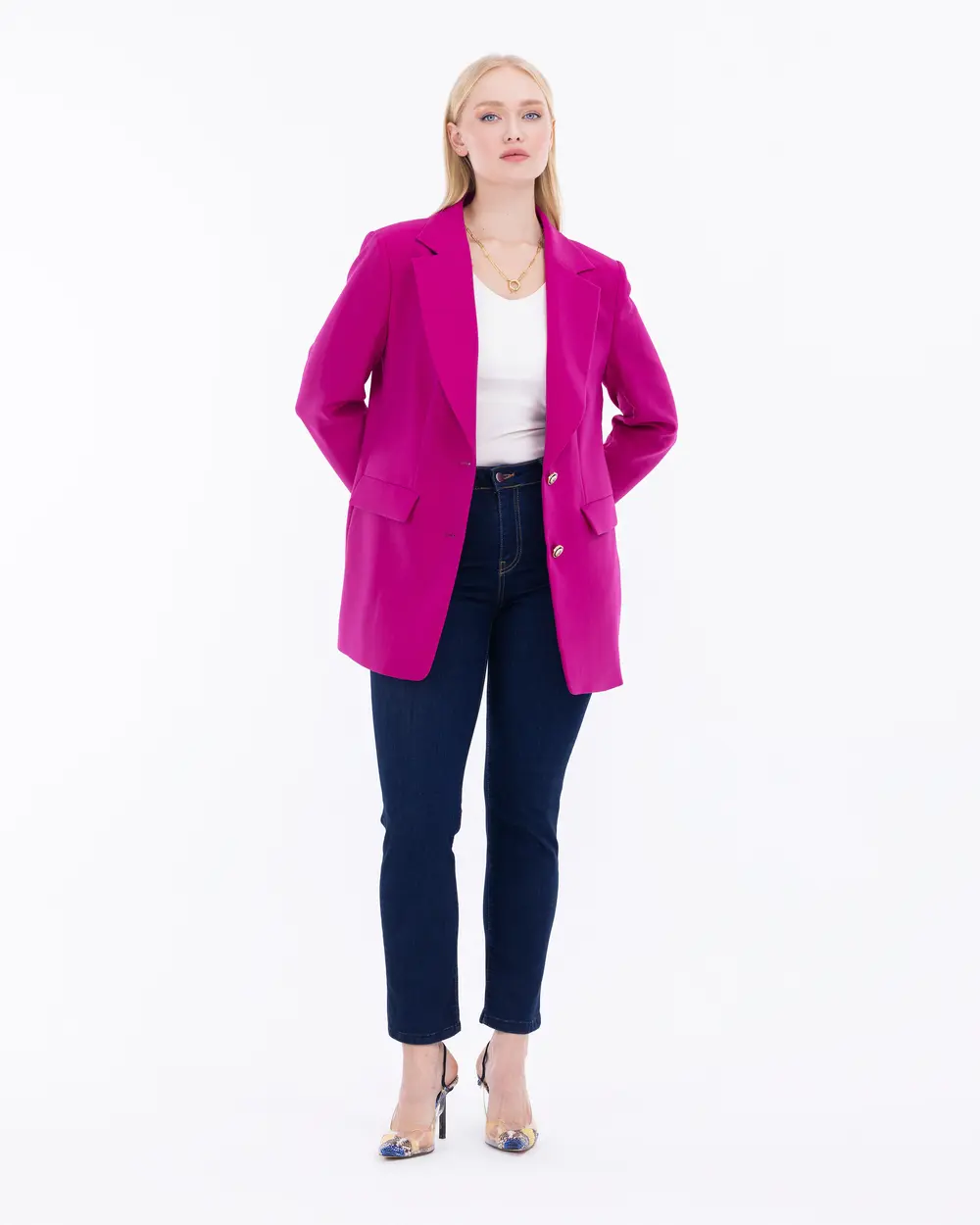 Plus Size Button Detailed Lined Blazer Jacket