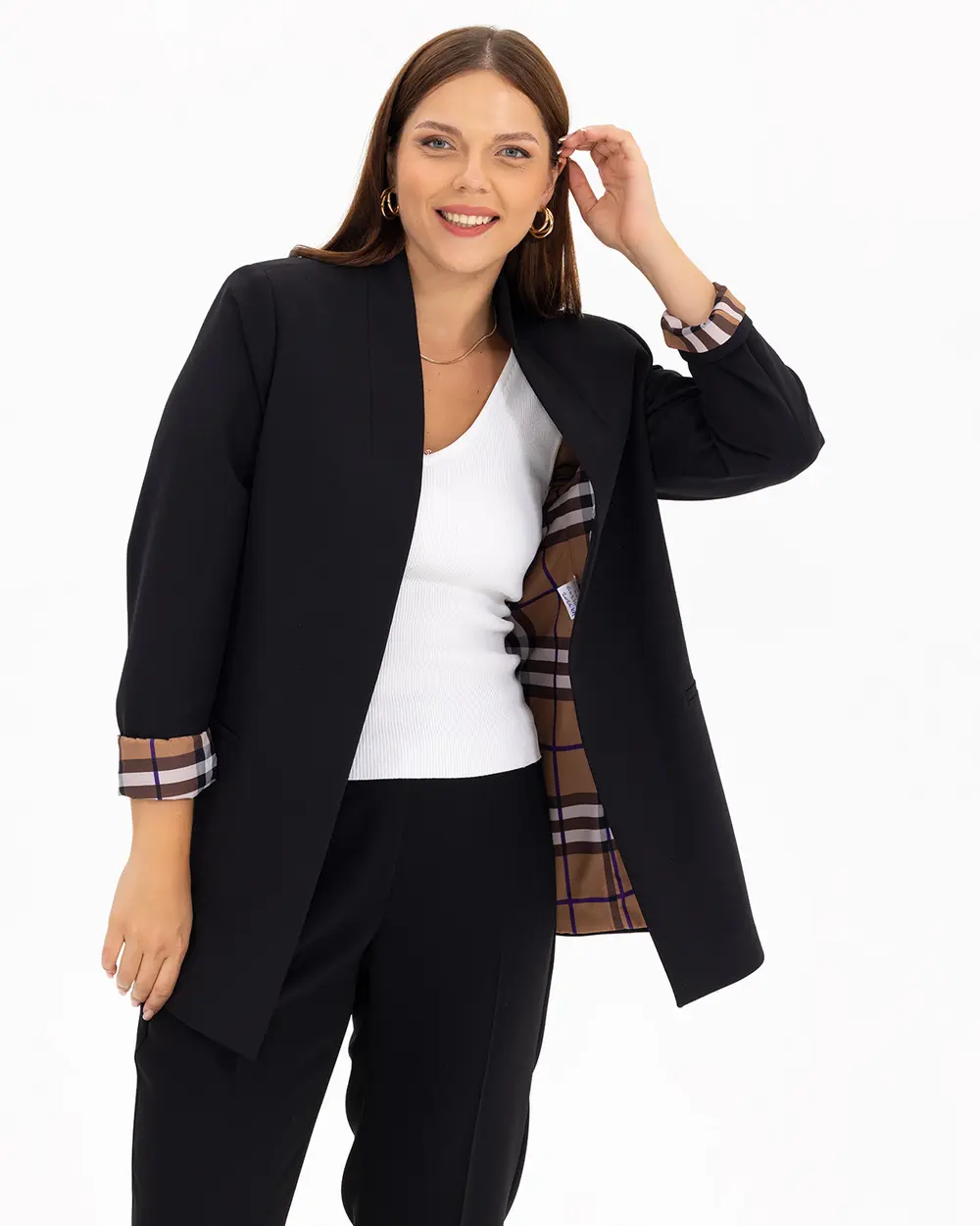 Plus Size Lined Square Patterned Jacket