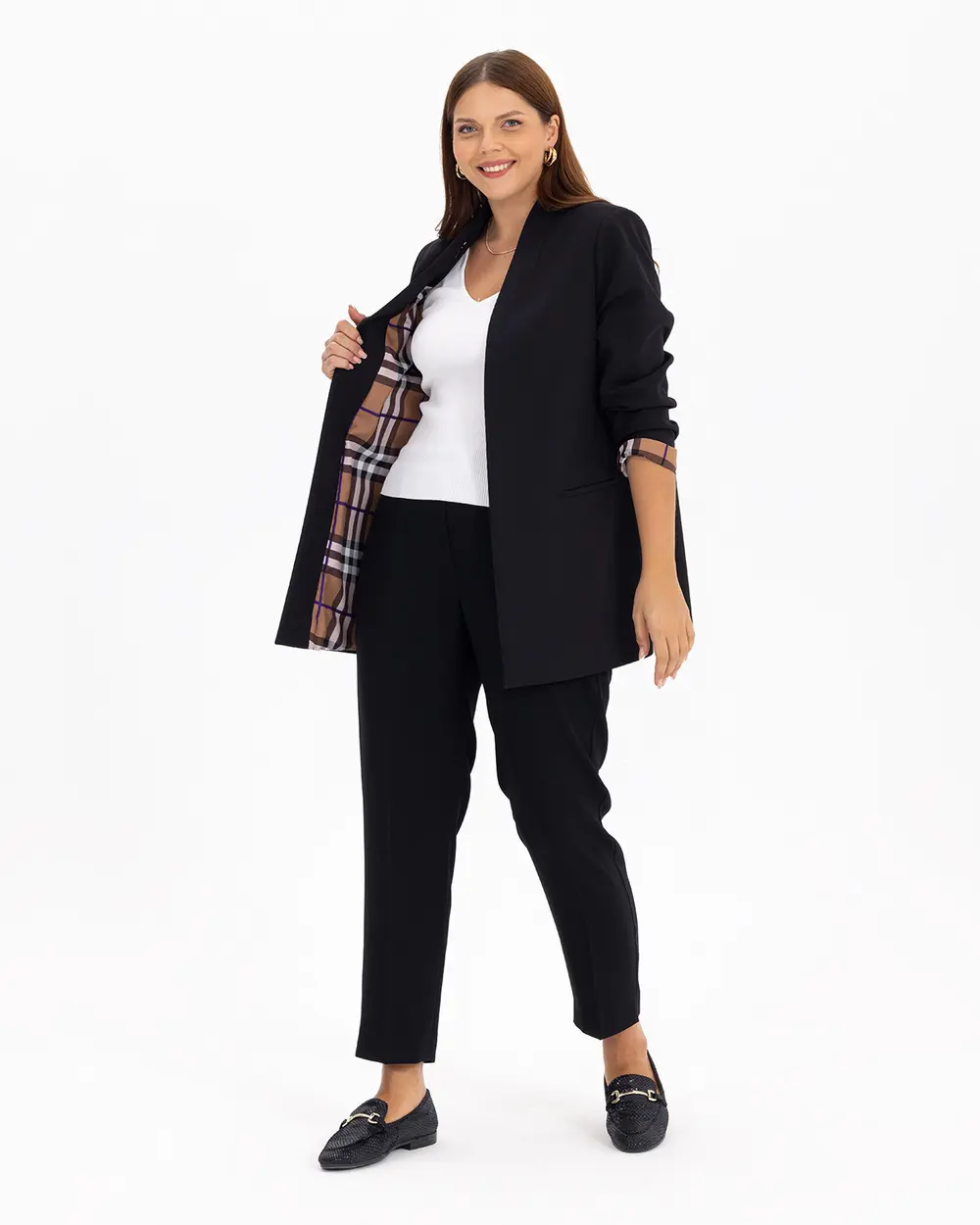 Plus Size Lined Square Patterned Jacket