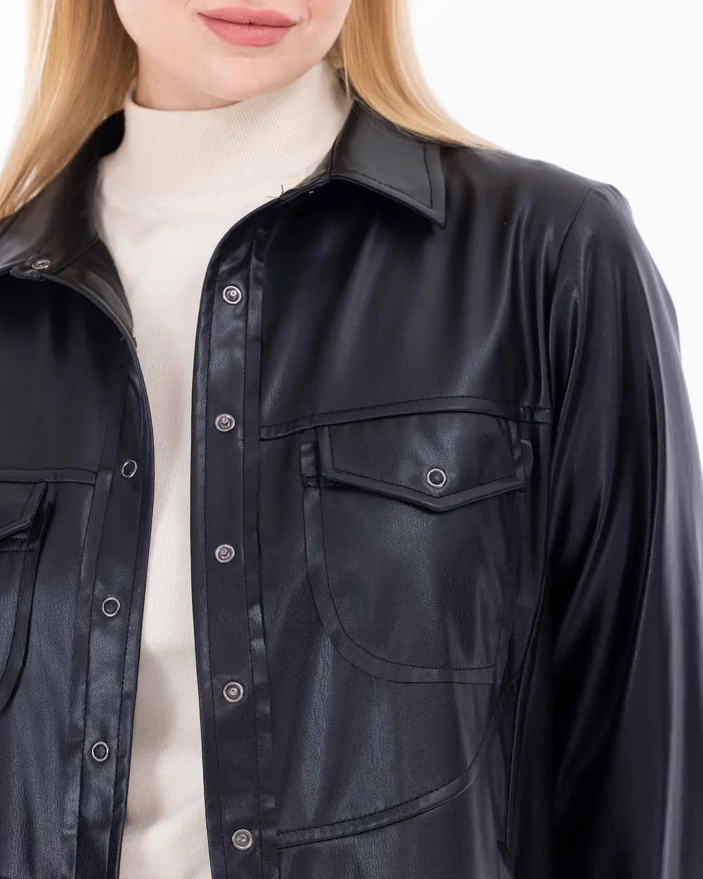 Plus Size Faux Leather Snap Button Jacket