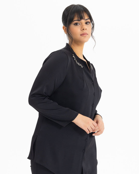 GALAXİ  PLUS SIZE SATIN COLLAR STONE BLOUSE