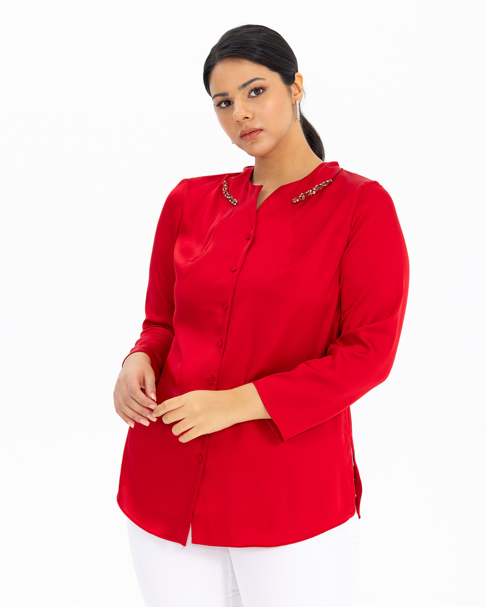 GALAXİ  PLUS SIZE SATIN COLLAR STONE BLOUSE