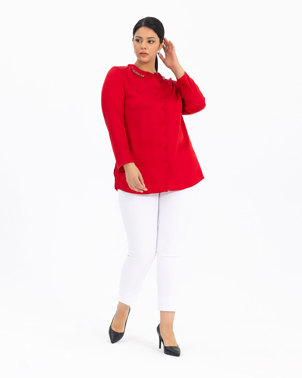 GALAXİ  PLUS SIZE SATIN COLLAR STONE BLOUSE