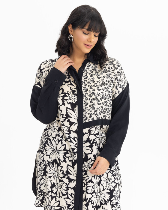 Büyük Beden Çiçek Desenli Gömlek Tunik