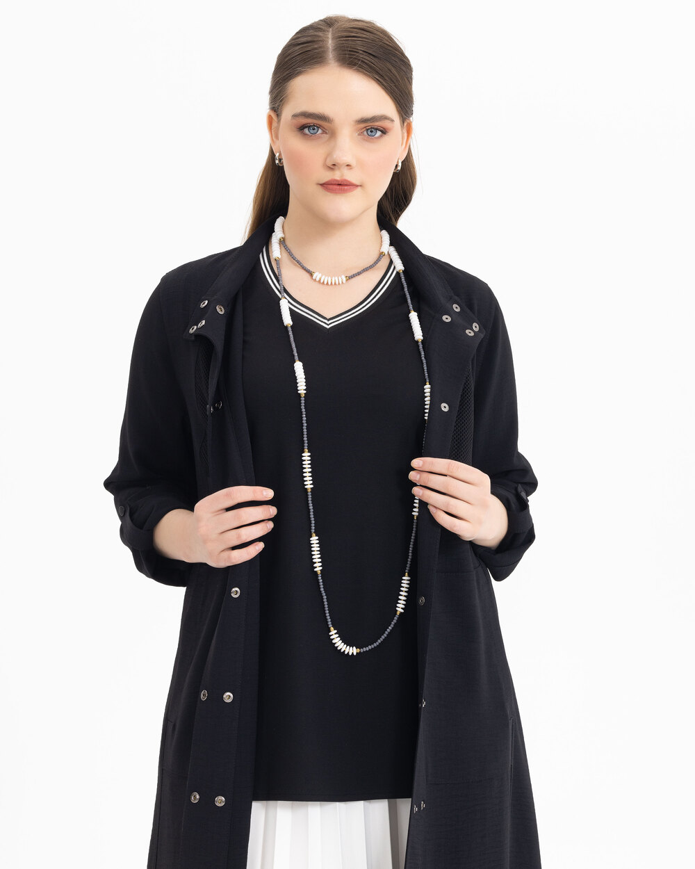 Büyük Beden Yırtmaçlı Çıtçıt Düğmeli Pardesü