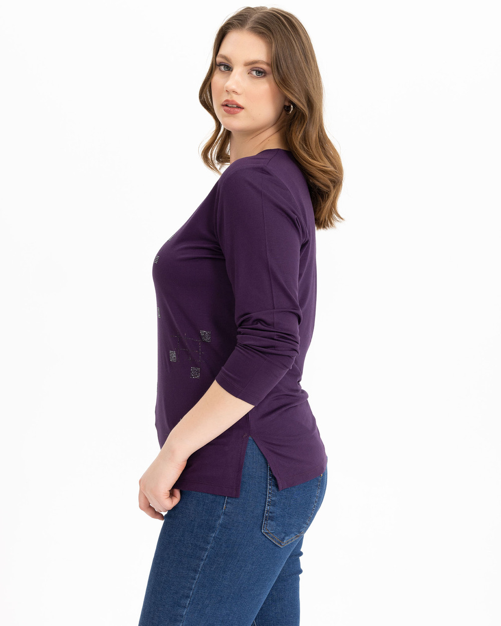 Büyük Beden Yuvarlak Yakalı Uzun Kollu Tişört