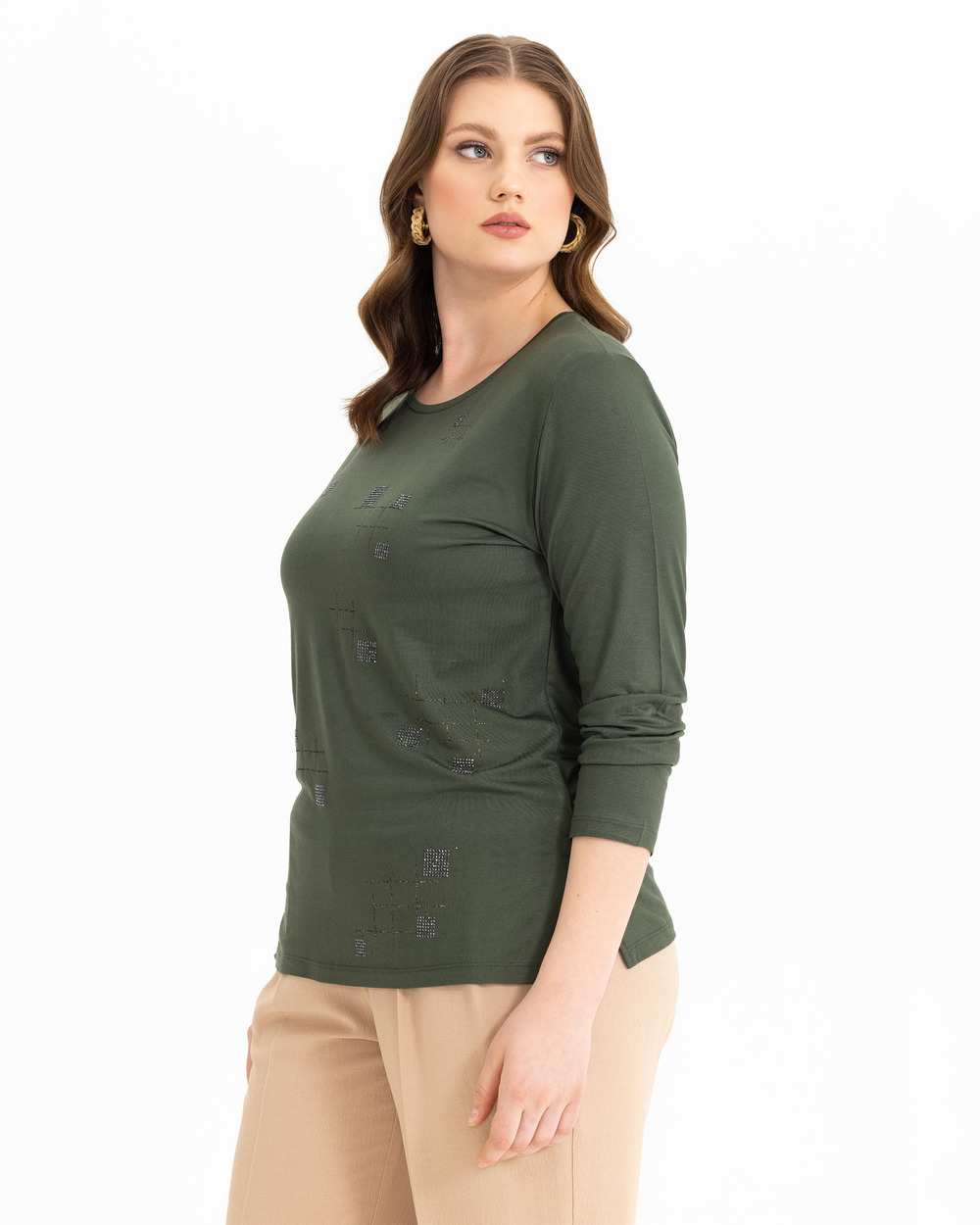 Büyük Beden Yuvarlak Yakalı Uzun Kollu Tişört