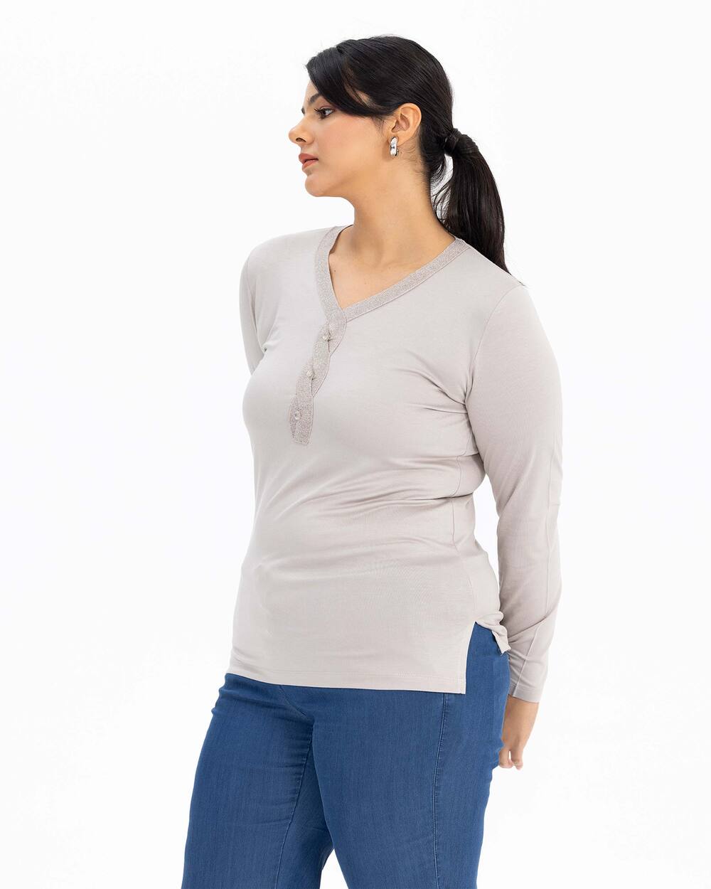  Plus Size Collar Silvery Combed Cotton Blouse