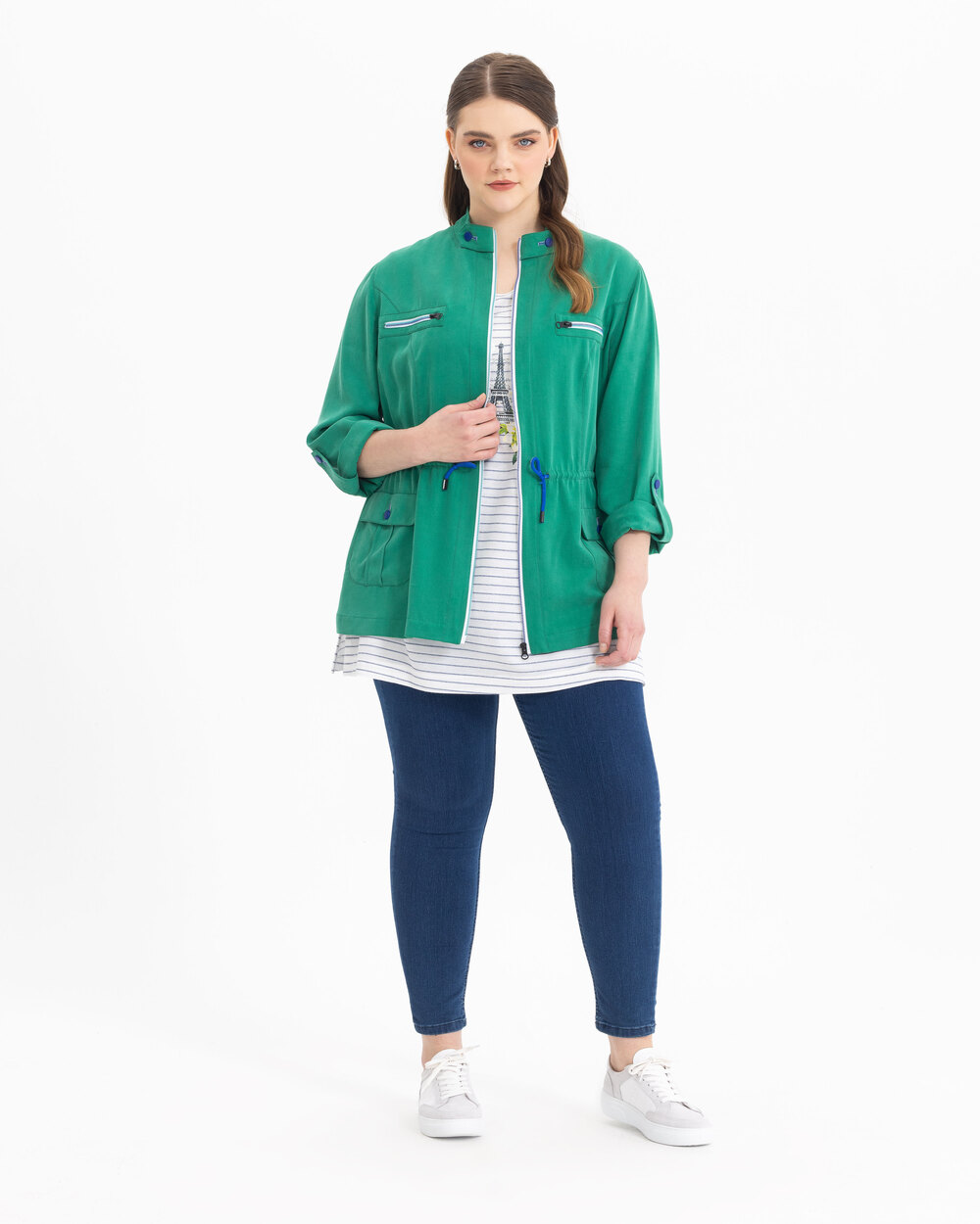 Plus Size Zippered Judge Collar Jacket