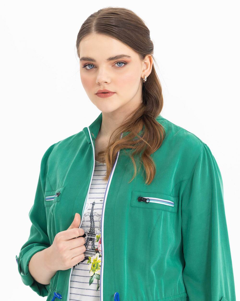 Plus Size Zippered Judge Collar Jacket