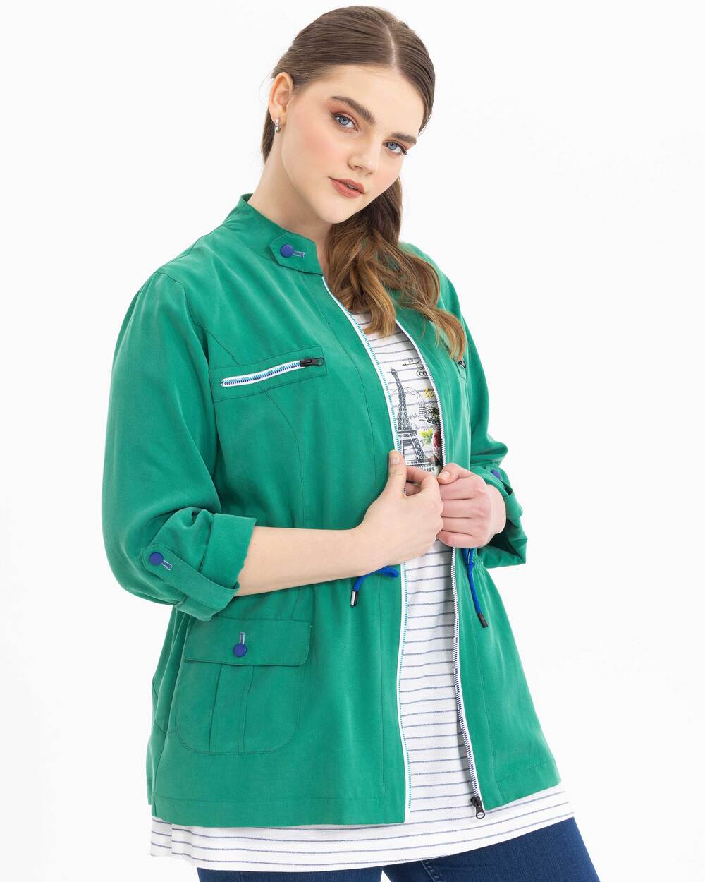 Plus Size Zippered Judge Collar Jacket