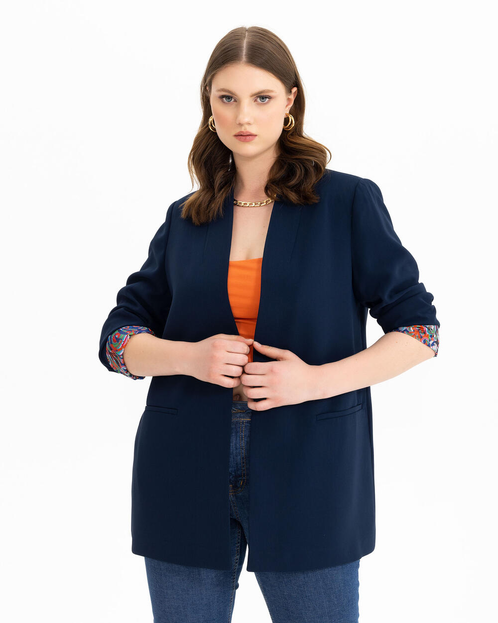 Plus Size Pattern Detailed Blazer Jacket