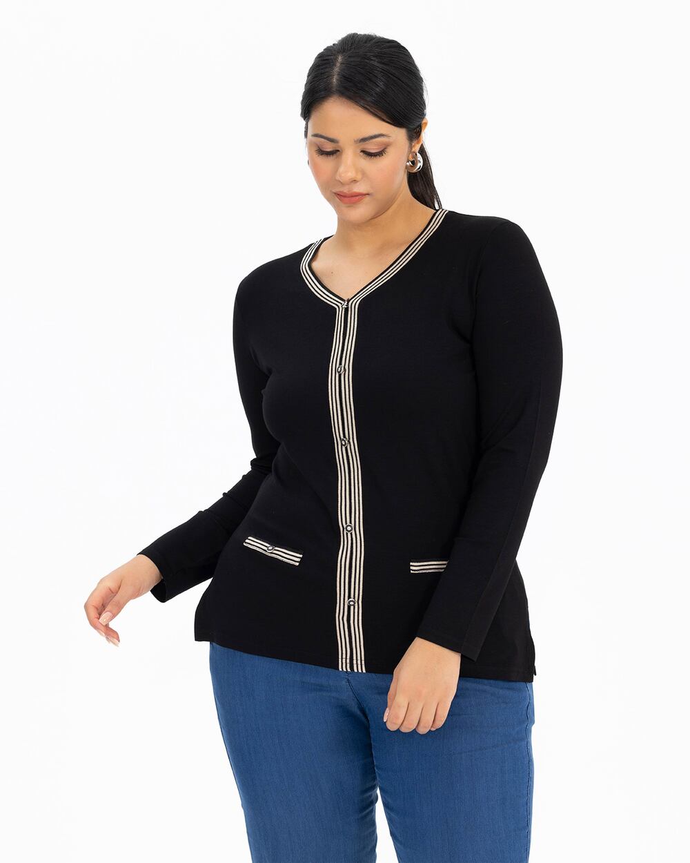 Plus Size Line Detail Combed Cotton Blouse