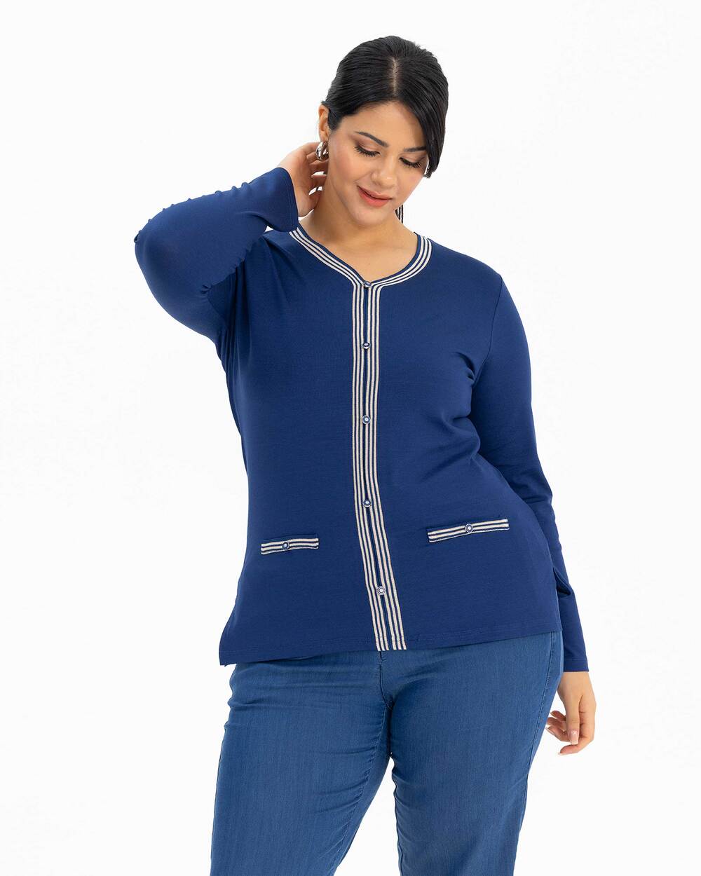 Plus Size Line Detail Combed Cotton Blouse