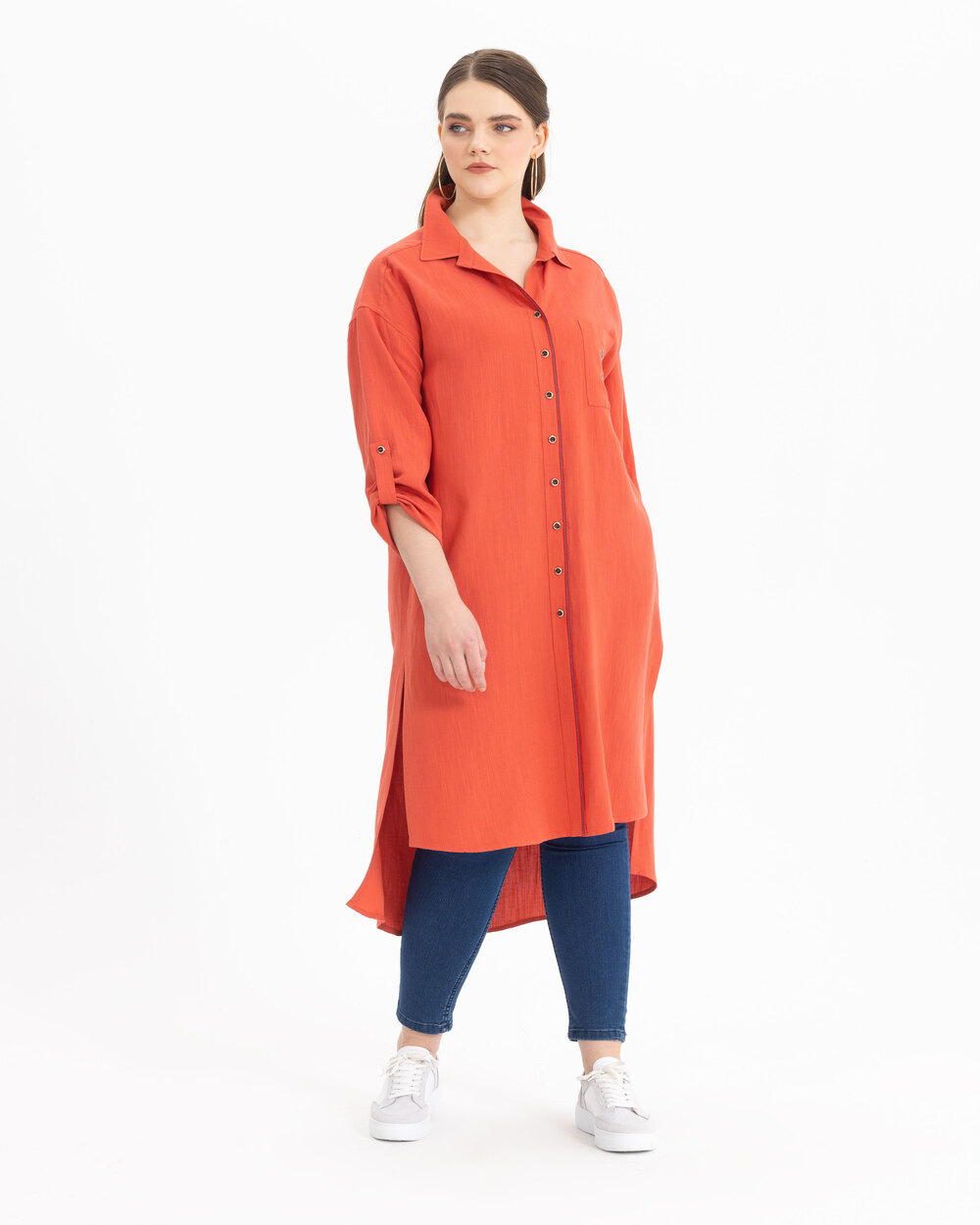 Büyük Beden Nakış Detaylı Gömlek Tunik