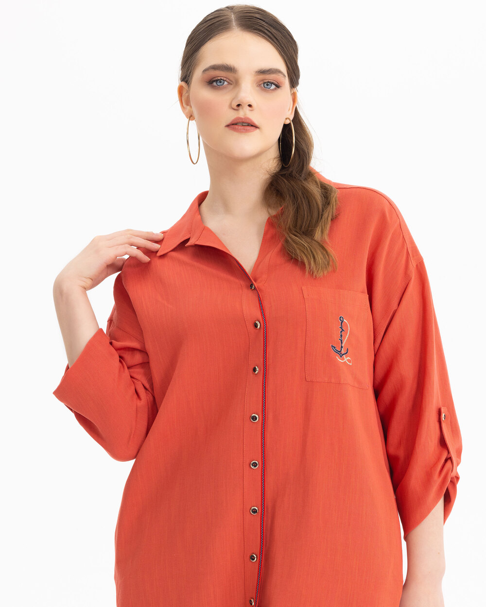 Büyük Beden Nakış Detaylı Gömlek Tunik